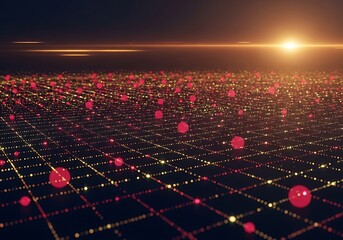 Dynamic digital network with glowing dots and spheres representing data connections and innovation
