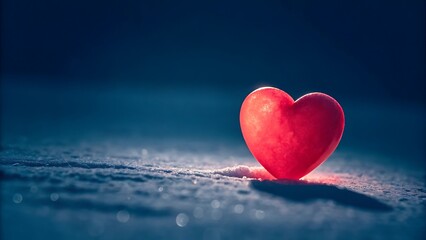 Single red heart shape illuminated in dark blue background