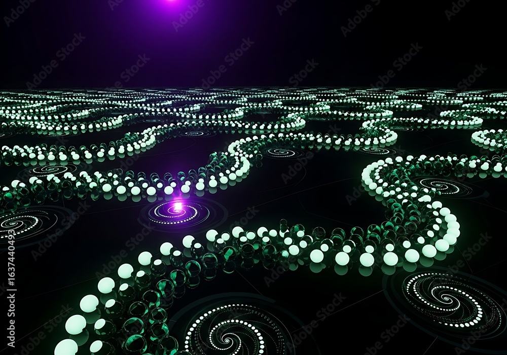 Poster dynamic abstract digital art with glowing spheres and geometric patterns, perfect for futuristic des