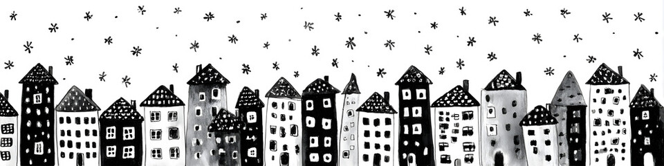Fototapeta premium Grunge black and white seamless border of many simple houses with square windows. Handdrawn watercolour painting, isolated clipart element for design decoration, web site footer, holiday ornament.