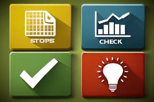 Four colorful square buttons with icons representing different stages of a process or workflow