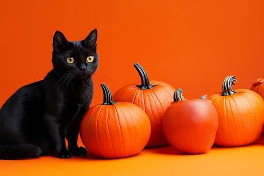 Black kitten sitting beside three pumpkins on orange background creating a festive Halloween theme