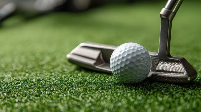 Close-up golf equipment scene with metallic putter head and dimpled ball resting on manicured putting green - Powered by Adobe