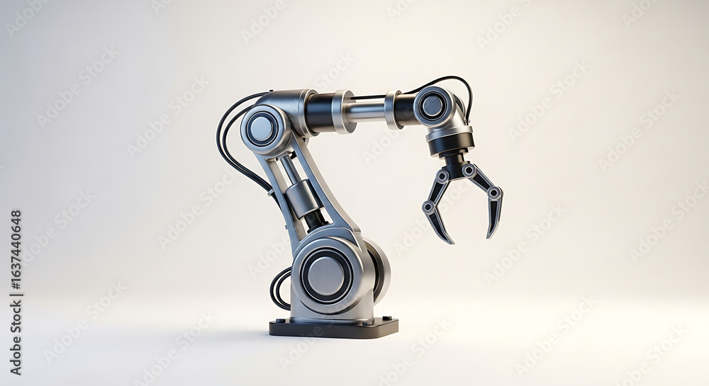 Aufkleber close up of a metallic robotic arm with claw on a white background in a studio setting
