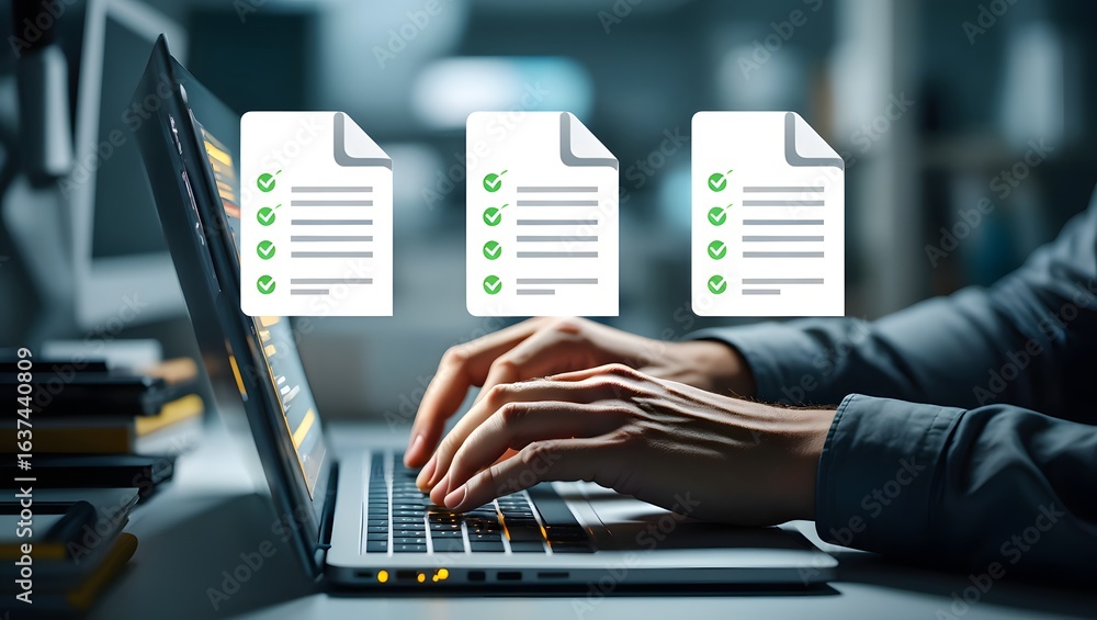 Aufkleber online survey filling out, digital form checklist by laptop computer, document management checking s