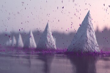 White pyramids on water, pink particles