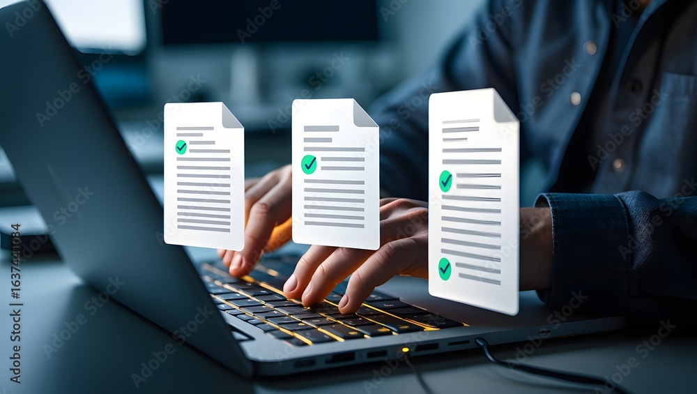 Aufkleber online survey filling out, digital form checklist by laptop computer, document management checking s