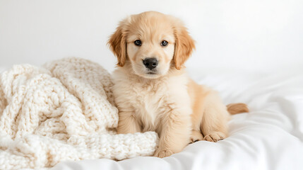 Golden retriever puppy with bright eyes sits calmly, radiating innocence and warmth.