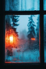 Fototapeta premium Frozen window pane, warm light, winter scene