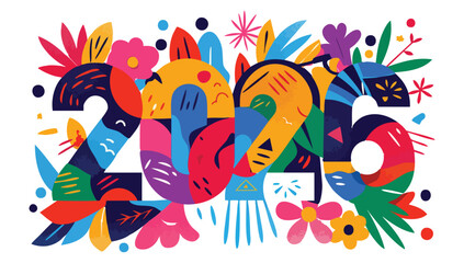 Artistic 2026 New Year Design Abstract Floral and Geometric Elements with Bold Colors on Transparent Backdrop for Unique Festive Greetings