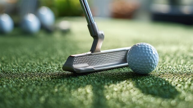 Close-up golf equipment scene with metallic putter head and dimpled ball resting on manicured putting green - Powered by Adobe