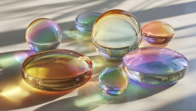 Colorful iridescent spheres and discs on a light surface