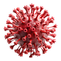 Red Coronavirus Rendering on Transparent Background Showing Virus Structure with Spikes and Surface