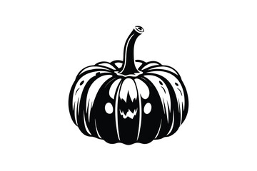 A stylized illustration of a pumpkin with a jack o lantern face and a stem rendered in a bold black silhouette style evoking a sense of Halloween