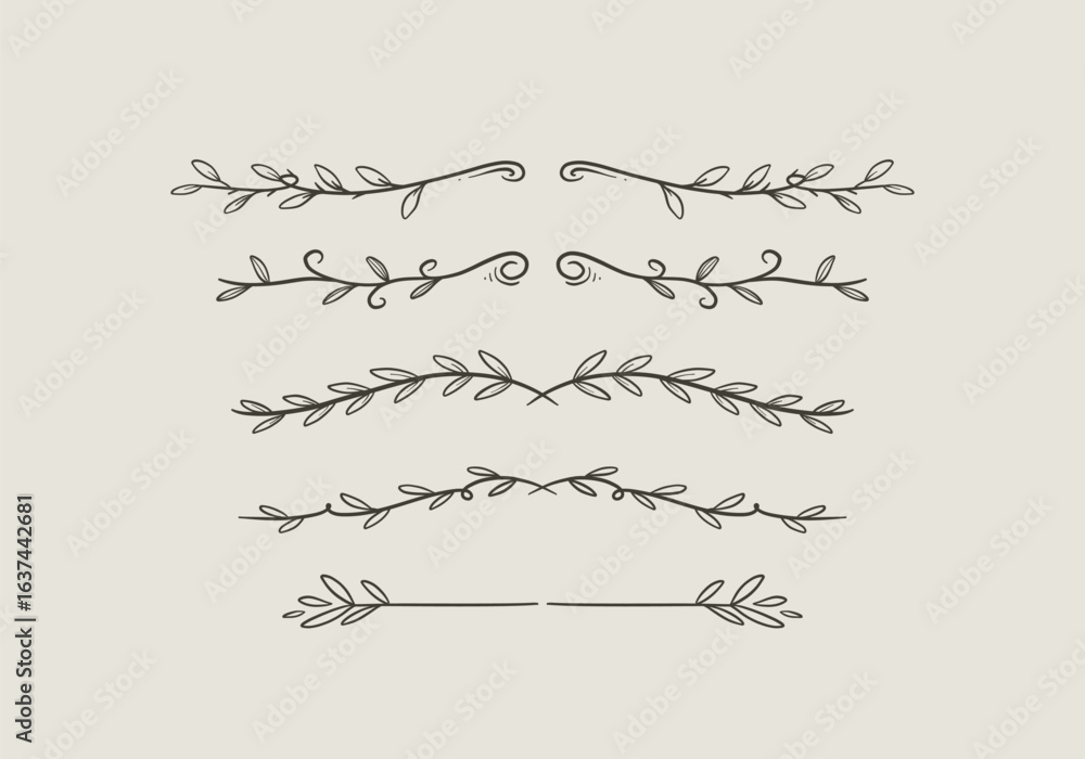 Poster hand drawn leaf line divider set with minimal botanical accent elements