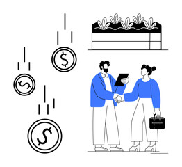 Two professionals shaking hands, discussing investments, dollar coins illustrating revenue growth, and a flourishing plant bed highlighting eco-friendly practices. Ideal for finance, partnership
