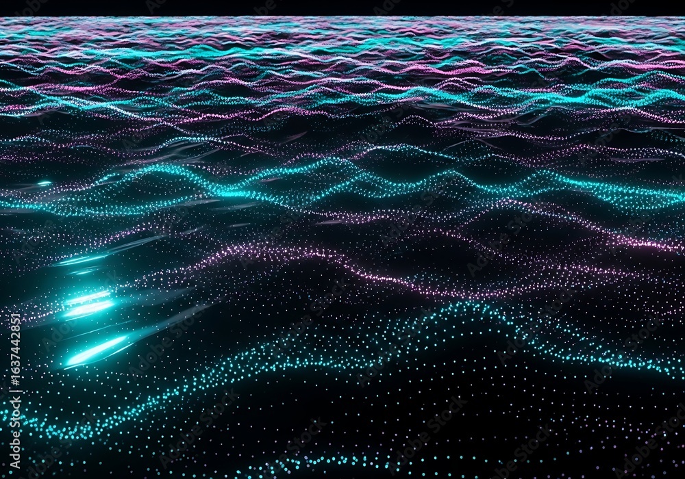 Poster dynamic glowing waves of digital data flow across a dark background for futuristic visuals