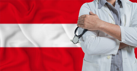 Doctor with stethoscope on arm with Austria flag behind. National health system of Austria, concept