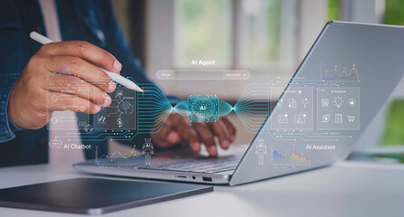 Fototapeta na wymiar Futuristic AI agent work interface showing AI chatbot, AI assistant, and generative AI functions on digital overlay for business productivity, AI agent, chatbot, assistant generative, digital business