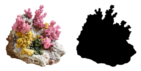 PNG a rock with pink and yellow corals on a black background with a transparent background