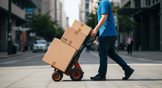 Delivery service man carrying boxes on trolley in urban environment scene