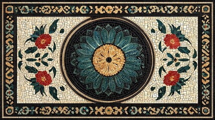 Fototapeta premium Ornate Mosaic Tile Design with Central Floral Motif and Border Patterns