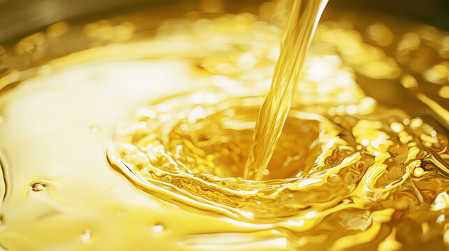 A stream of golden oil pouring into a pot with a golden liquid surface, creating a splash and a circular pattern.