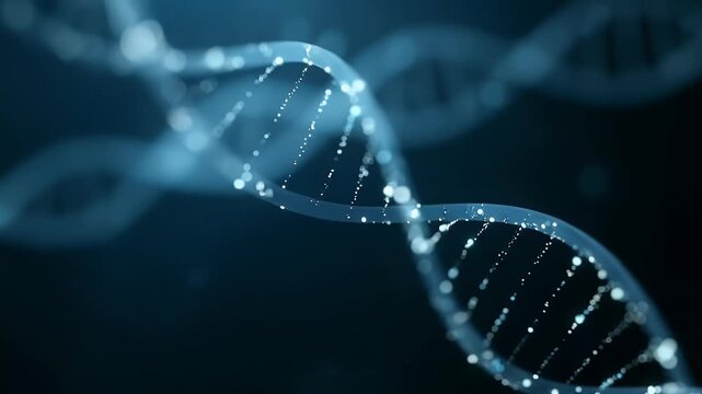 Digital background featuring a DNA double helix, with a dark blue color gradient, minimalistic in design, and including white dots and lines representing data flow