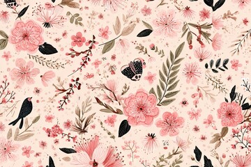 Delicate floral pattern. Soft pink and beige blossoms, leaves, and branches
