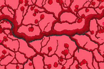 Red cherry blossom branches on a pale pink background