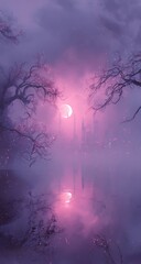 Misty, pink-toned landscape with a crescent moon and castle reflection