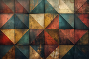 Distressed Geometric Tile Pattern: Rustic Background with Squares and Triangles in Aged Colors