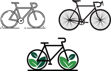 Eco Friendly Bicycle Icon Set – Sustainable Transport Vector Illustrations with Leaf Wheels