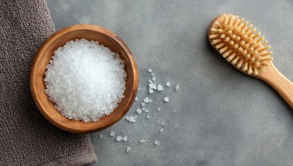 Naklejka na ściany i meble Wooden bowl of coarse sea salt beside a natural bristle brush on a gray stone surface, with a towel
