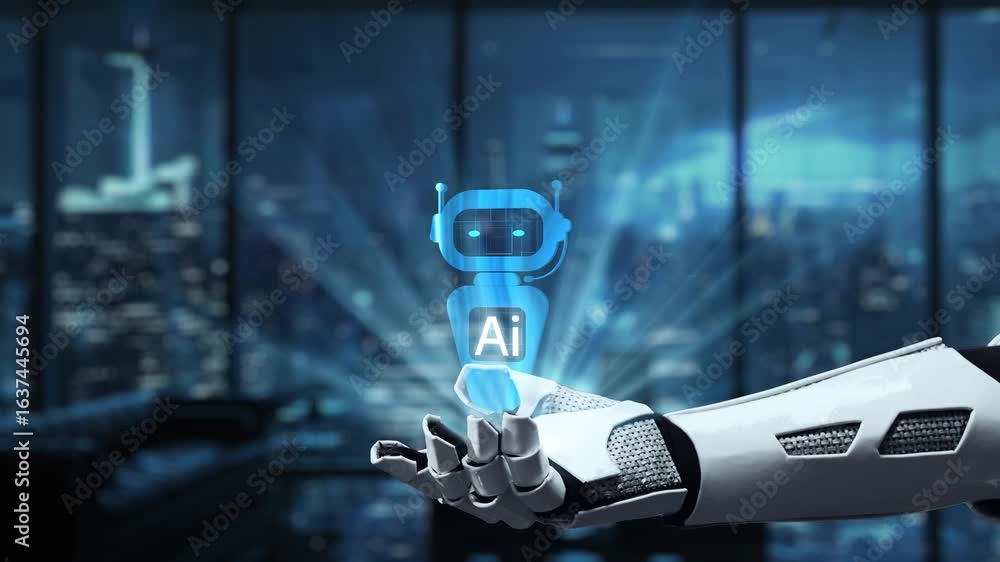 Poster futuristic robotic hand interacting with artificial intelligence chatbot in a modern urban setting s