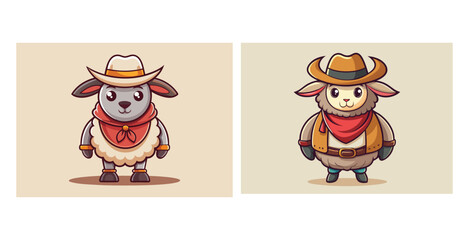 Naklejka premium Playful Sheep Character in Classic Cowboy Outfit Western Vector Illustration Design