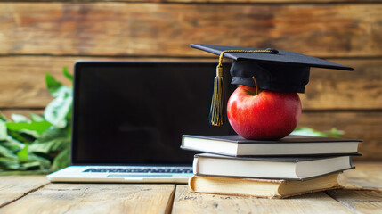 A red apple with a black graduation cap on top, placed on a stack of books on a wooden table with a laptop in the background.