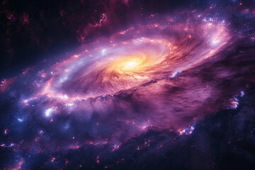 Cosmic Spiral Galaxy: Dramatic Space View with Gold Center and Colorful Nebulae