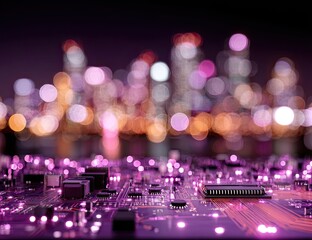 Circuit board with city lights in the background