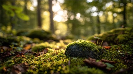 Mossy rock in sunlit forest; tranquil nature scene, ideal for relaxation themed projects