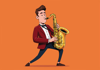 Fototapeta premium Cartoon man playing saxophone with eyes closed, on a plain orange background