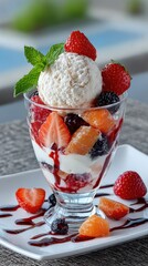 Refreshing fruit and ice cream sundae