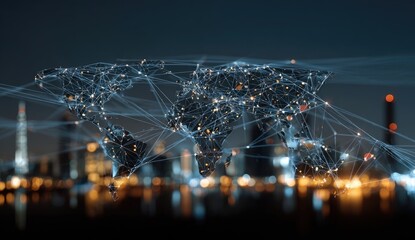 Global network map overlaid on a cityscape at night