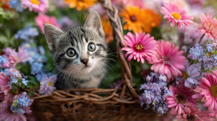 Cute little kitten in basket on floral background, closeup 
