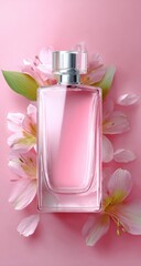 Pink perfume bottle surrounded by flowers on a pink background