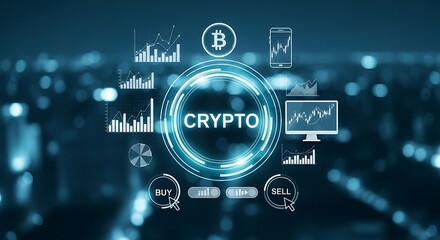 Dynamic crypto market analysis with charts, Bitcoin symbol, and buy/sell buttons on blue background