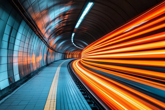 High-Speed Train in Subway Tunnel with Motion Blur
