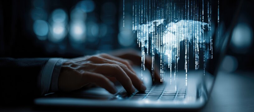 Close-up of hands typing on laptop, world map digital overlay - Powered by Adobe