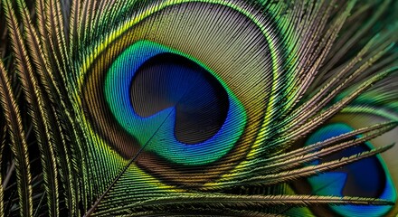 Obraz premium Close-up view of vibrant peacock feather showcasing intricate patterns and colors.