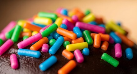 Close-up view of colorful sprinkles on a dark chocolate cupcake.